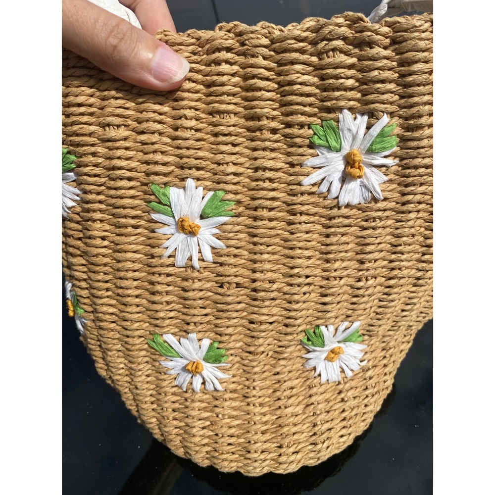 Rachel Ashwell Daisy Embroidered Straw Bucket Bag White Braided Strap Summer
